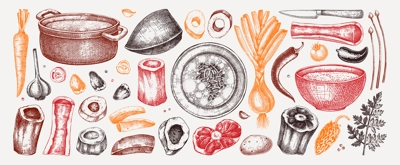 Healthy food set in color. Marrow bone broth, hot soup served on plates, pans, bowls, vegetables, organ meat, marrow bones sketches. Hand drawn vector illustrations. Homemade food menu design elements